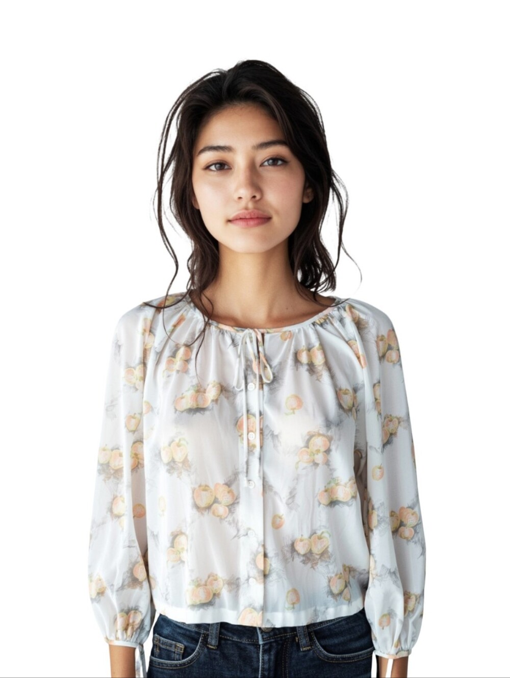 Vintage Cream Floral Blouse with Peach & Green Fruit Print
